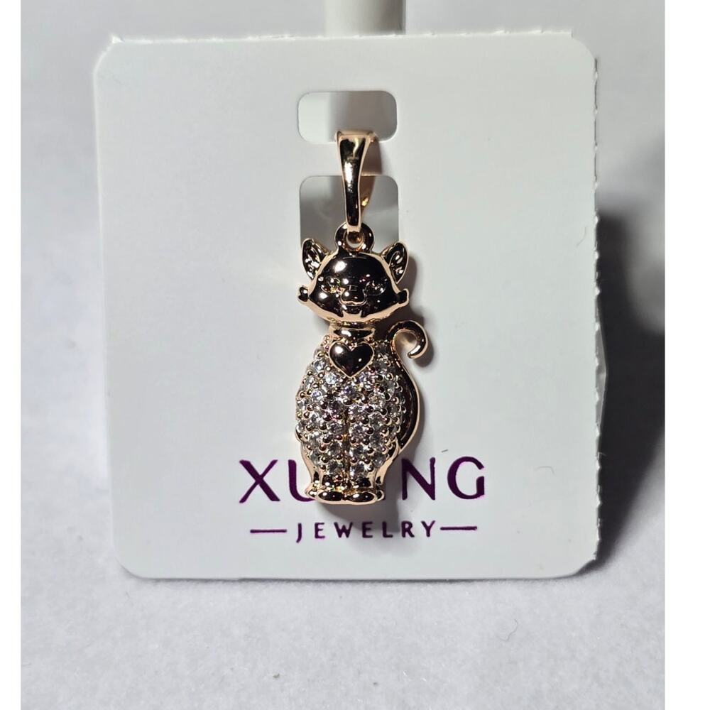 Rhinestone Cat Pendant Necklace Gold Tone Charm – Whimsical Animal